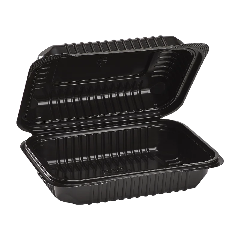 9''x6'' Black Hinged Containers - Black Half Clamshell Take Out Box - Karat PP Plastic - 250 count