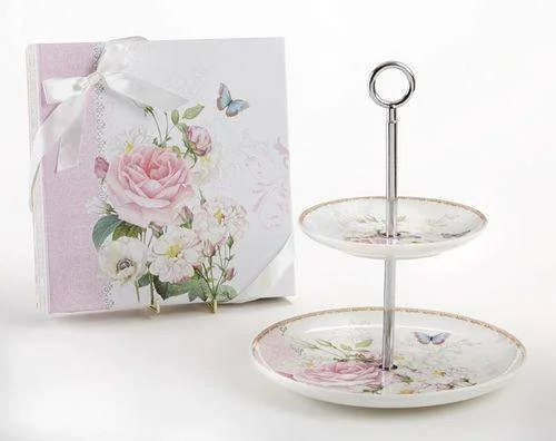 Pink Rose with Butterfly 2-Tier Cake Dessert Stand - Gift Boxed - Just One Available