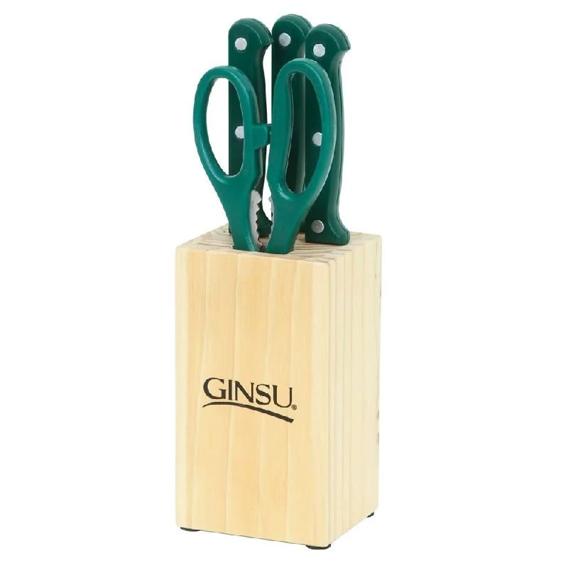 Ginsu Essential Series 5-Piece Stainless Steel Serrated Knife Set - Cutlery Set with Green Kitchen Knives, Natural Block