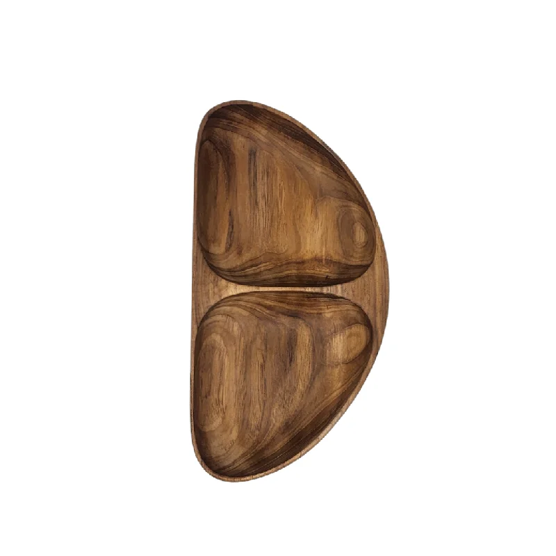 Teak Wood 2 Section Half Moon Serving Bowl