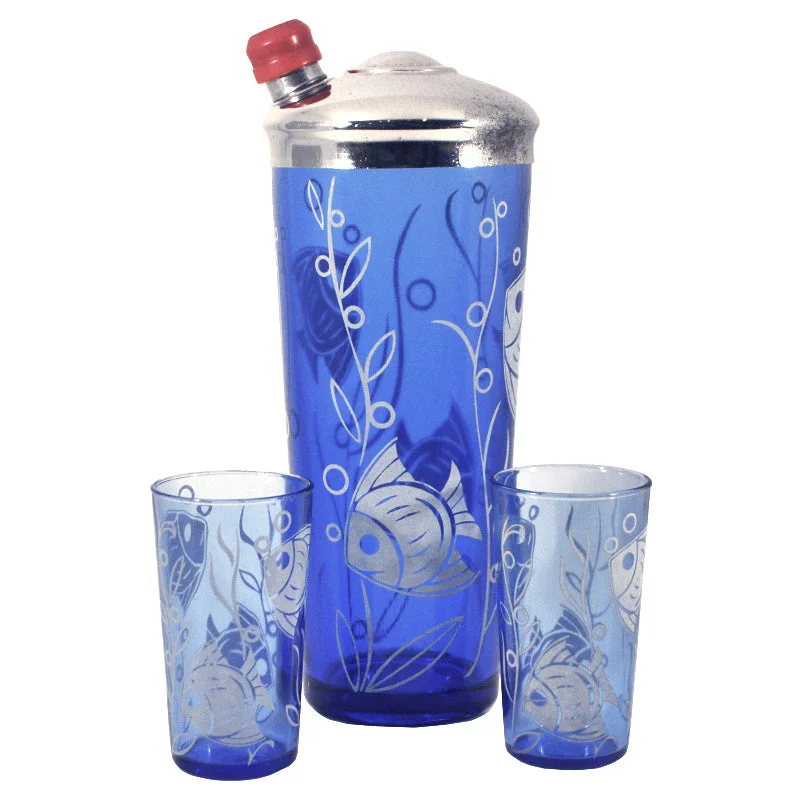 Hazel Atlas Cobalt Fishes Cocktail Shaker Set