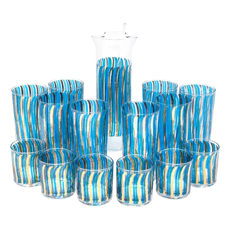 Blue & Gold Wavy Stripes Cocktail Pitcher Set