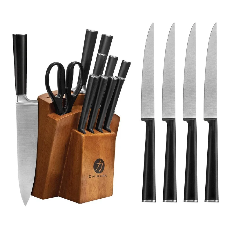 Ginsu Chikara Series Forged 16Pc Japanese Steel Knife Set - Cutlery Set w/ 420J Stainless Steel Knives, Hardwood Block