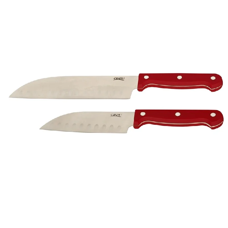 Ginsu Essential Series 2-Piece Stainless Steel Santoku Knife Set - Cutlery Set with Red Kitchen Knives