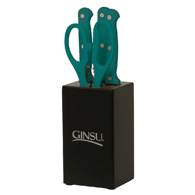 Ginsu Essential Series 5-Piece Stainless Steel Serrated Knife Set - Cutlery Set with Teal Kitchen Knives, Black Block