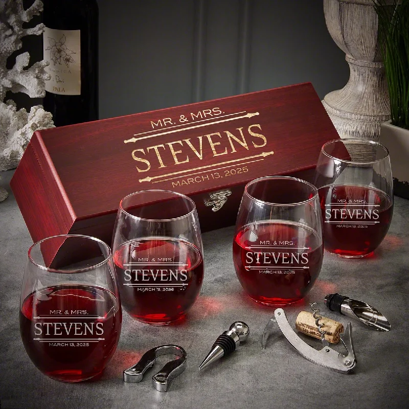 Engraved Stemless Wine Glasses with Wine Gift Box - 9pc