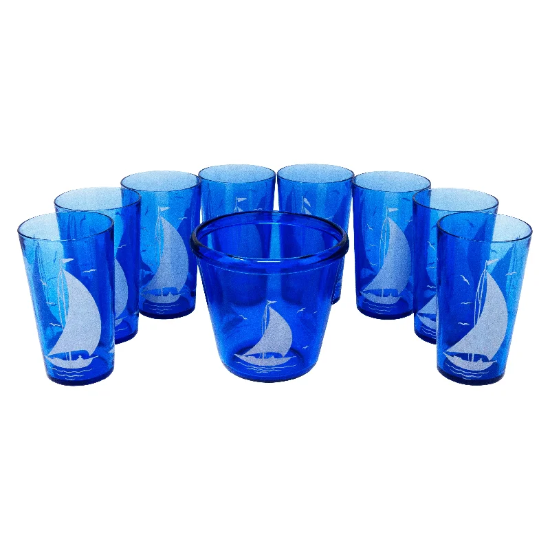 Hazel Atlas Cobalt Sailboat Ice Bucket Cocktail Set