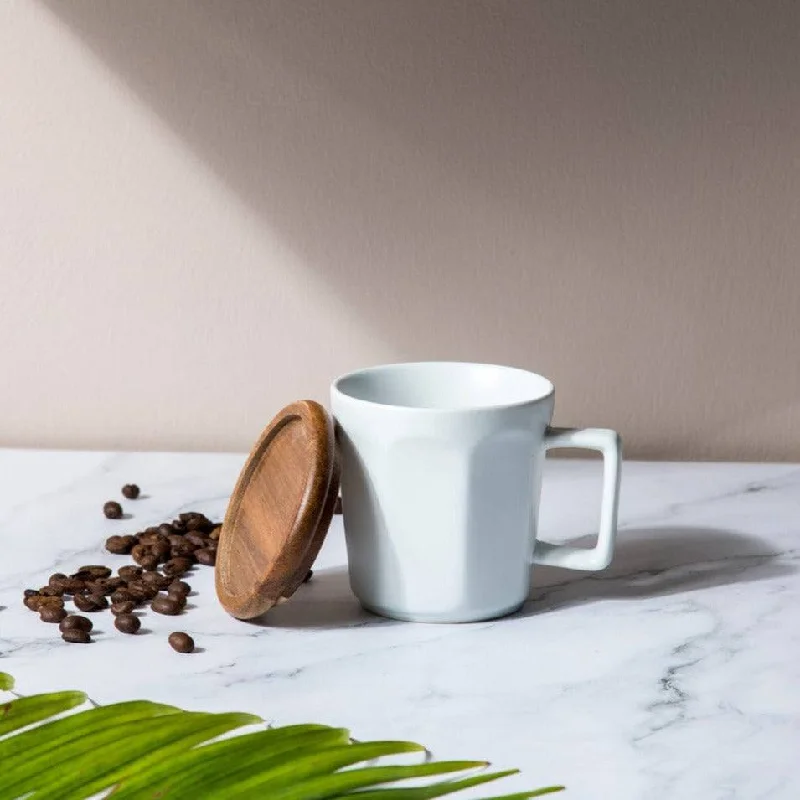 Hex Ceramic Mug with Wooden Lid - Matte White