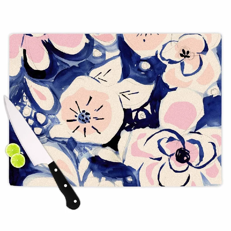 KESS InHouse Crystal Walen 'Midnight Moon Flower' Blue Pink Cutting Board