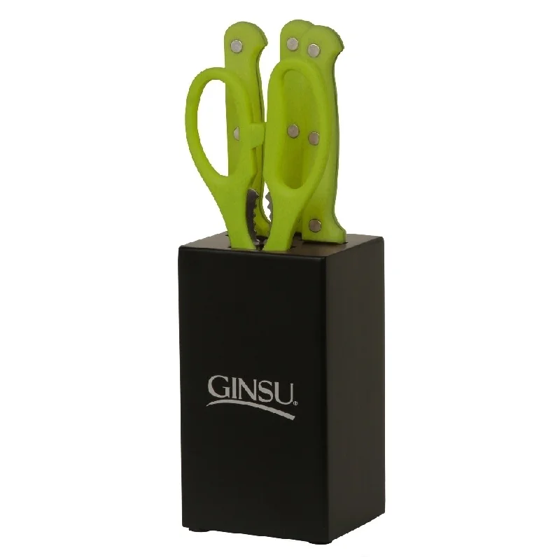 Ginsu Essential Series 5-Pc Stainless Steel Serrated Knife Set - Cutlery Set w/ Lime Green Kitchen Knives, Black Block