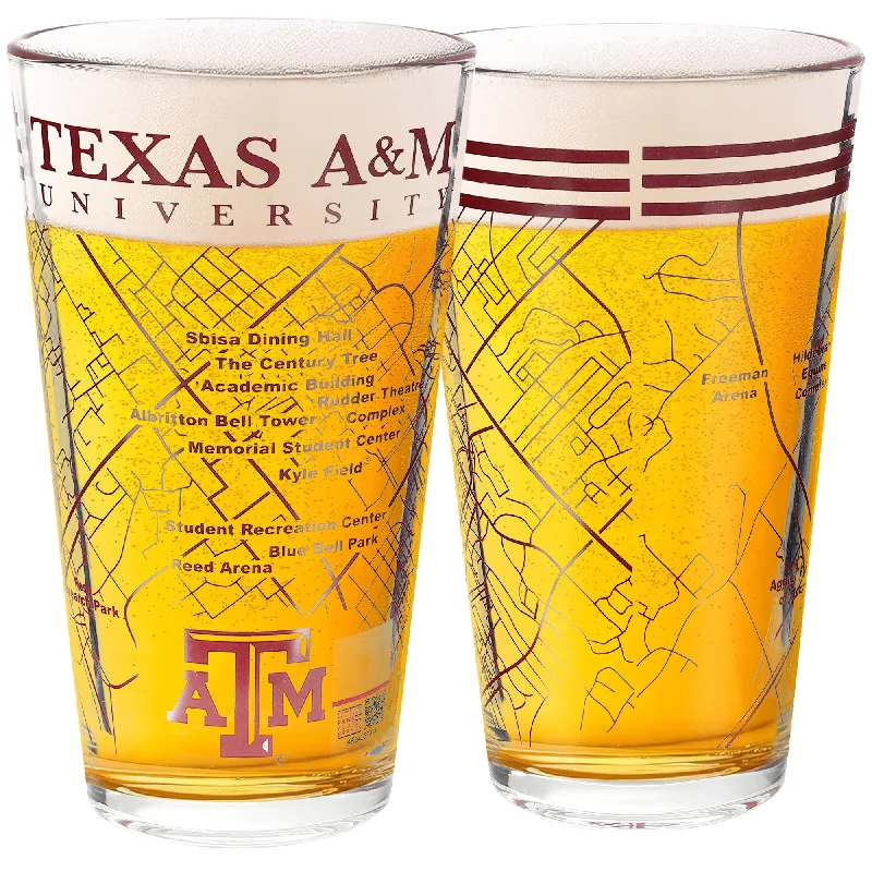 Texas A&M University Pint Glasses - Contains Full Color Texas A and M Logo and Campus Map Aggies Gift Idea College Alumni (Set of 2)