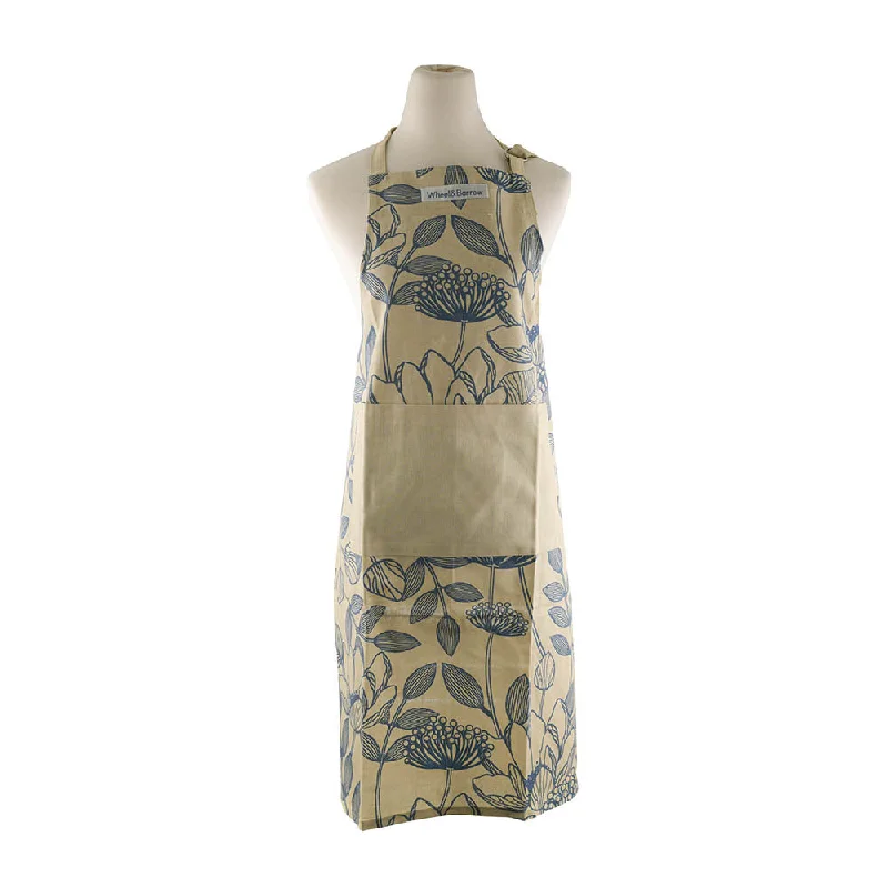 APRON Blue Print Lotus on Natural With Solid Pocket & Ties 70x90cm