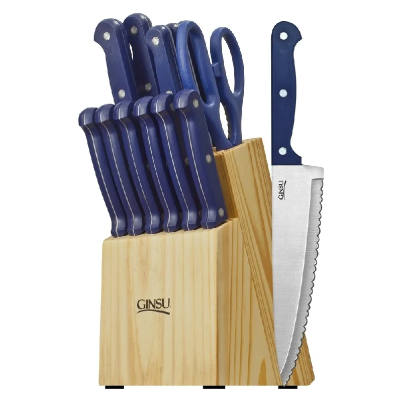 Ginsu Essential Series 14-Piece Stainless Steel Serrated Knife Set - Cutlery Set w/ Green Kitchen Knives, Natural Block