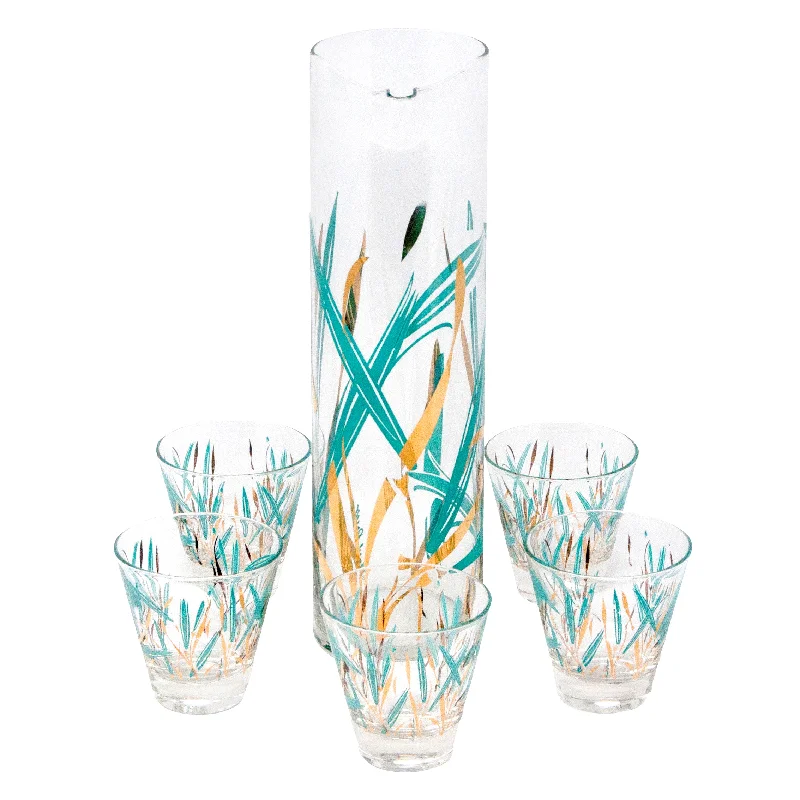 Fred Press Aqua & Gold Grasses Cocktail Pitcher Set