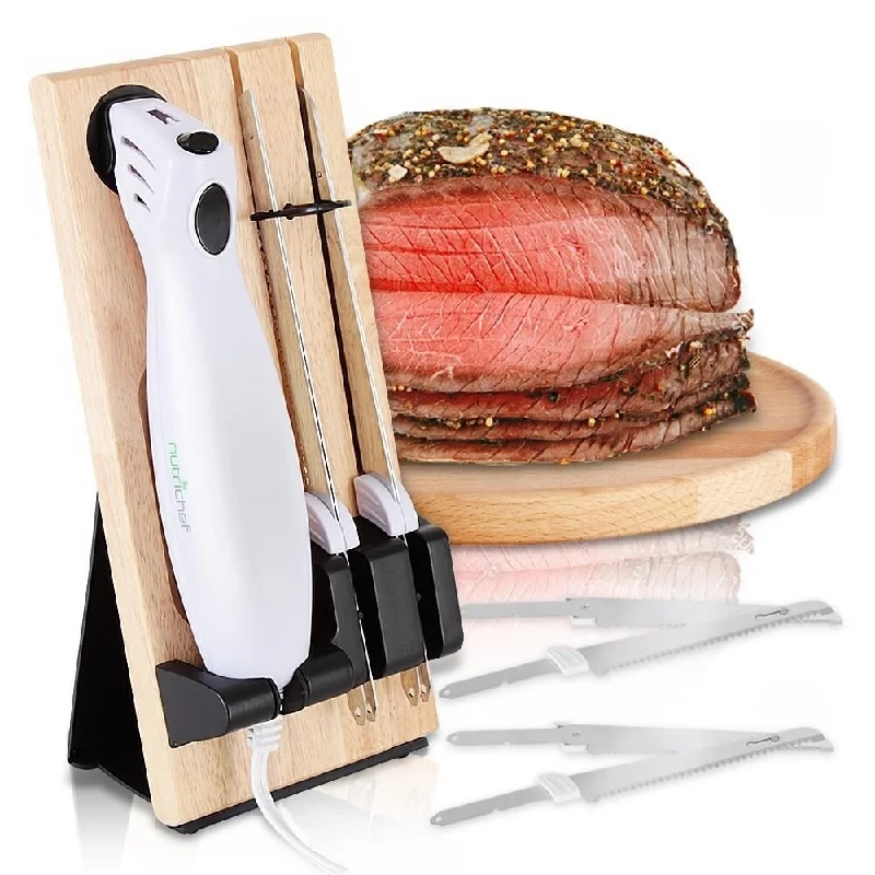 Nutrichef Portable Electrical Food Cutter Knife Set with Bread and Carving Blades, Wood Stand, One Size (White)