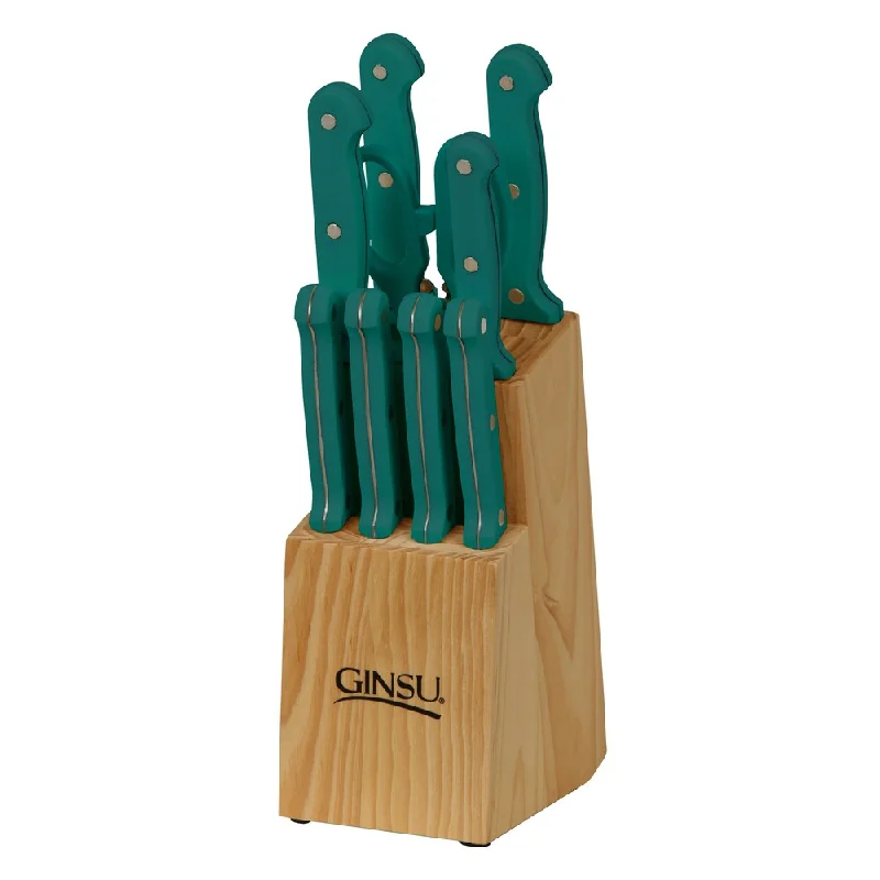 Ginsu Essential Series 10-Piece Stainless Steel Serrated Knife Set - Cutlery Set with Teal Kitchen Knives, Black Block