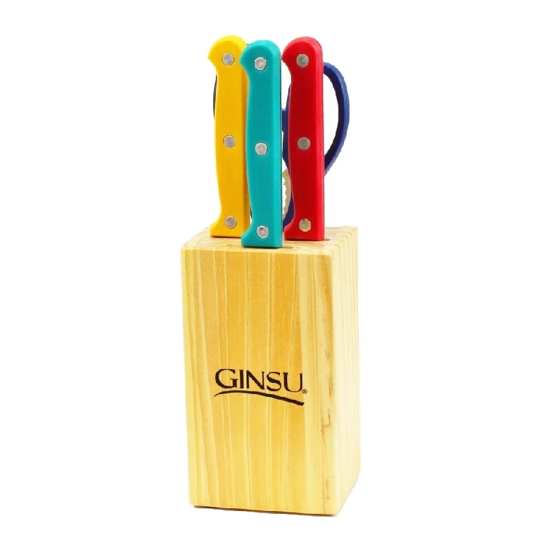 Ginsu Huetopia Collection 5-Pc Serrated Rainbow Knife Set - Cutlery Set w/ Stainless Steel Kitchen Knives, Natural Block