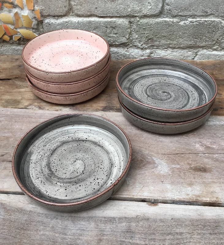 Chai pink & grey, set of 8” low Hampton bowls.