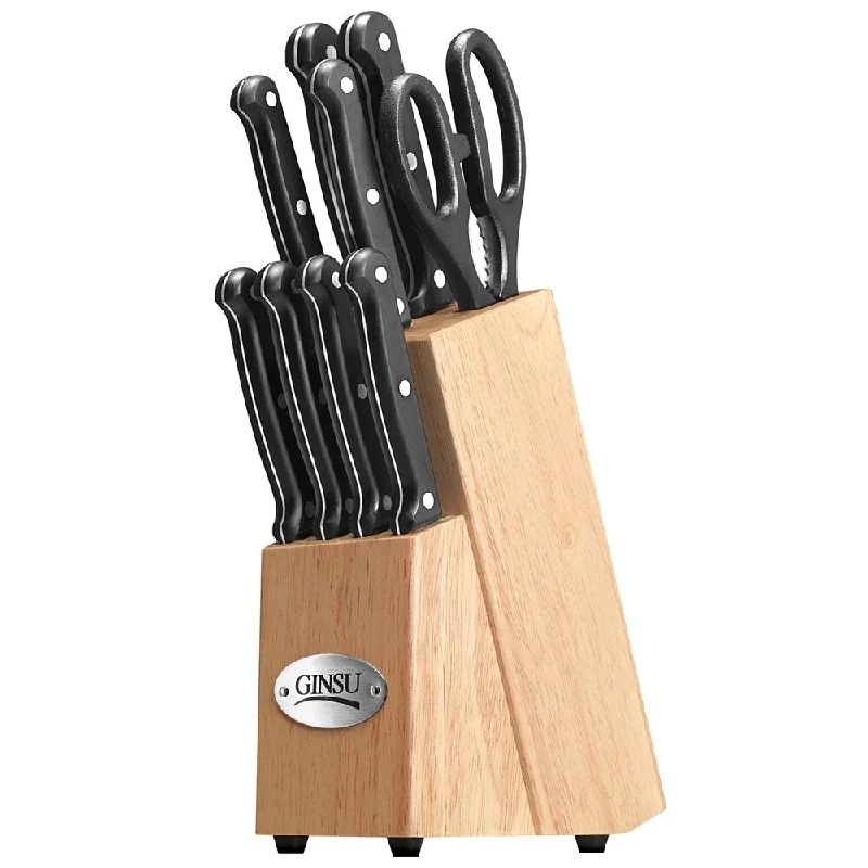 Ginsu Essential Series 10-Piece Stainless Steel Serrated Knife Set - Cutlery Set w/ Black Kitchen Knives, Natural Block