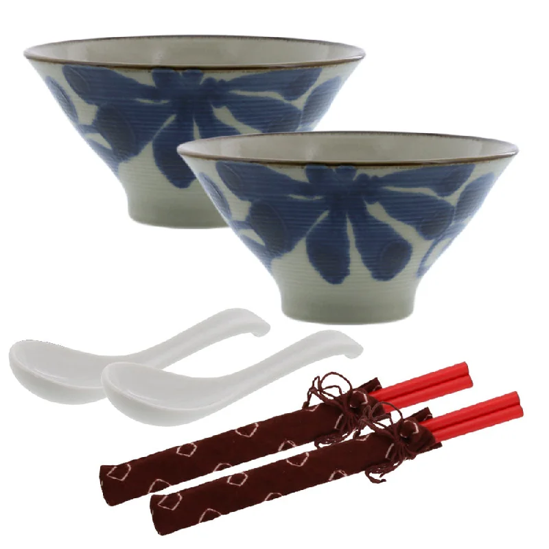 Ryukyukarakusa Trapezoidal Donburi Bowls with Chopsticks and Soup Spoons Set of 2 - Blue