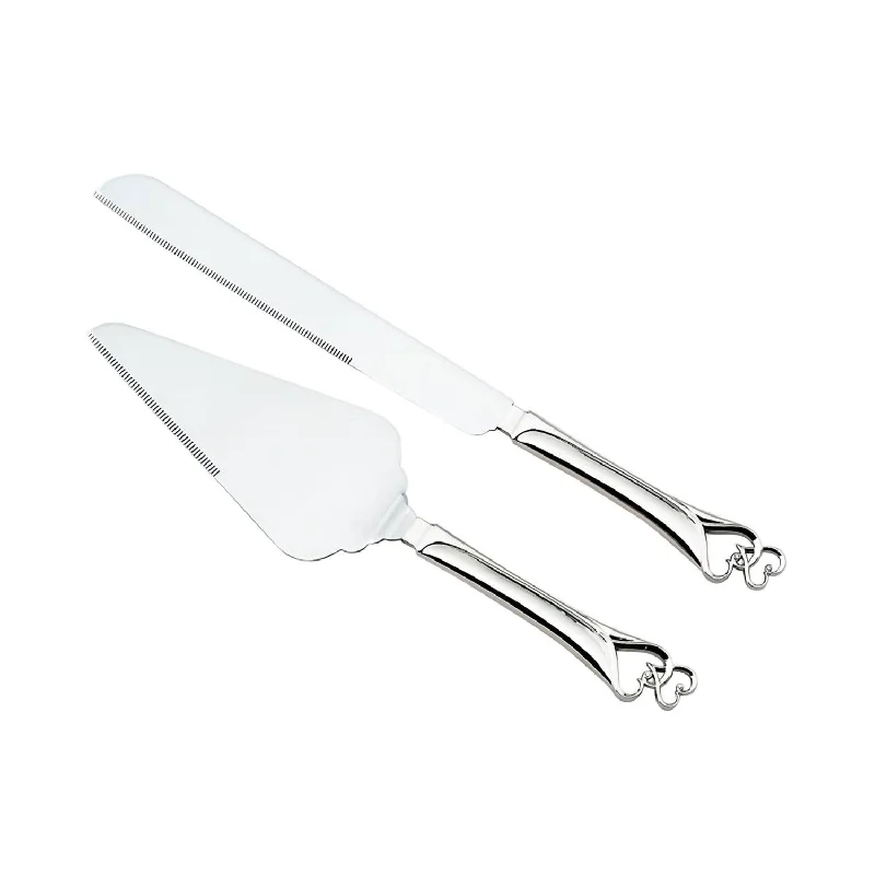 Knife & Server Set With Double Heart Handles In Nickel