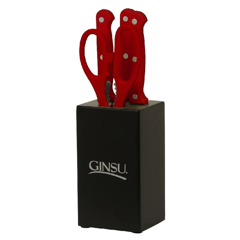 Ginsu Essential Series 5-Piece Stainless Steel Serrated Knife Set - Cutlery Set with Red Kitchen Knives, Black Block