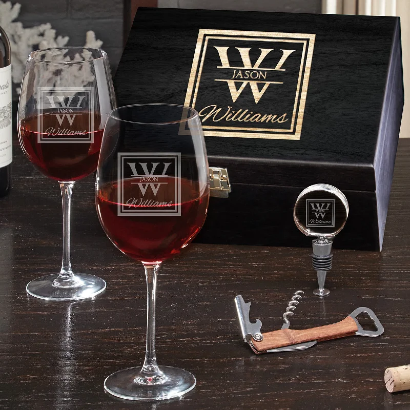 Luxury Wine Gifts with Custom Wine Glasses and Ebony Black Box