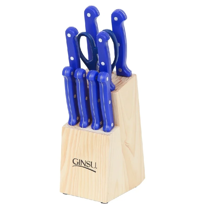 Ginsu Essential Series 10-Piece Stainless Steel Serrated Knife Set - Cutlery Set with Blue Kitchen Knives, Natural Block