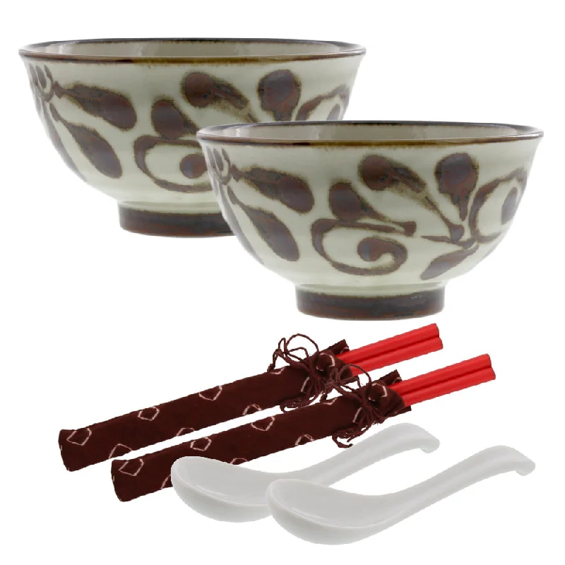 Ryukyukarakusa 6" Donburi Bowls with Chopsticks and Renge Soup Spoons Set of 2 - Mahogany