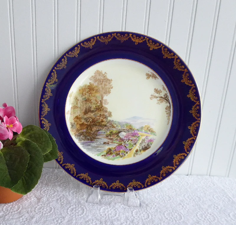 Shelley Dinner Plate Heather Blue Gold Overlay 10.75 Inch Plate 1950s