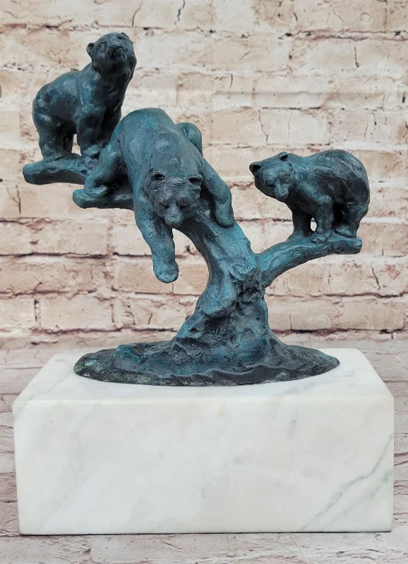 Modern Artwork: Special Patina Bear Family on Tree Stump Bronze Sculpture