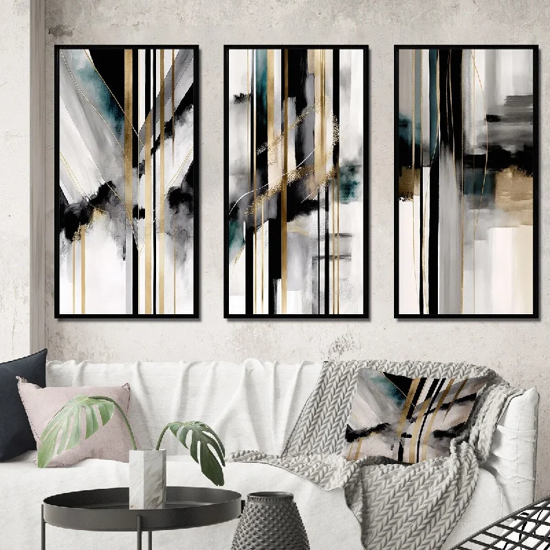 Designart "Abstract Geode Geometric Black And Gold I" Animals Framed Wall Art Set Of 3 - Modern For Office Decor