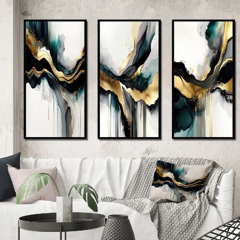 Designart "Abstract Geode Marble White And Gold III" Abstract Marble Framed Wall Art Set Of 3 - Modern For Office Decor