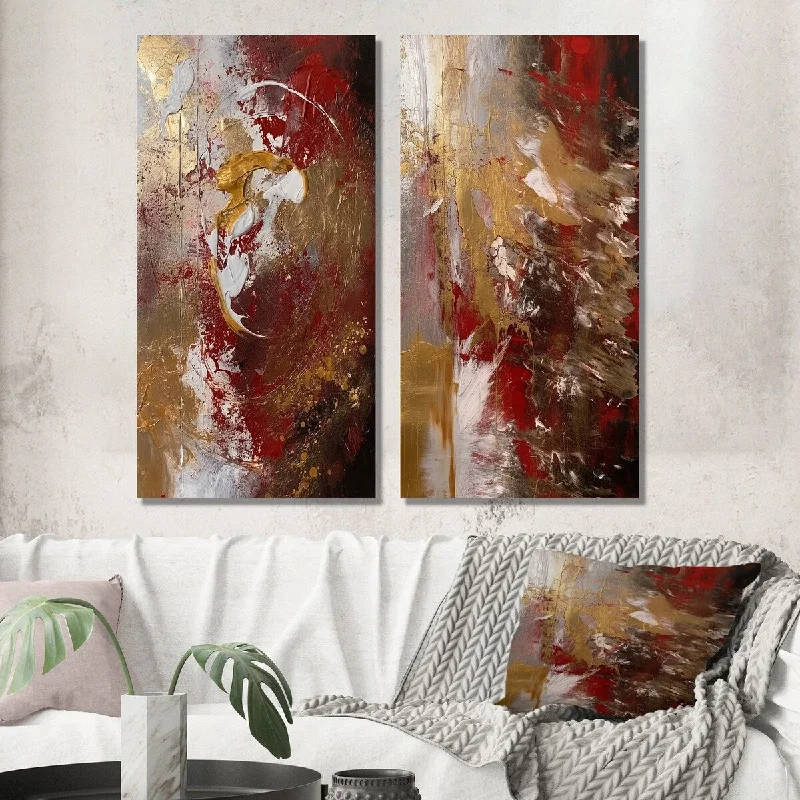 Designart "Ancient Italian Revelations In Gold And Red V" Abstract Wall Art Set of 2 Modern Gallery Set For Office Decor