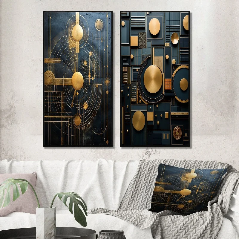 Designart "Arcane Visions In Gold And Teal I" Modern Geometric Wall Art Décor - Modern Gallery Set For Office Decor