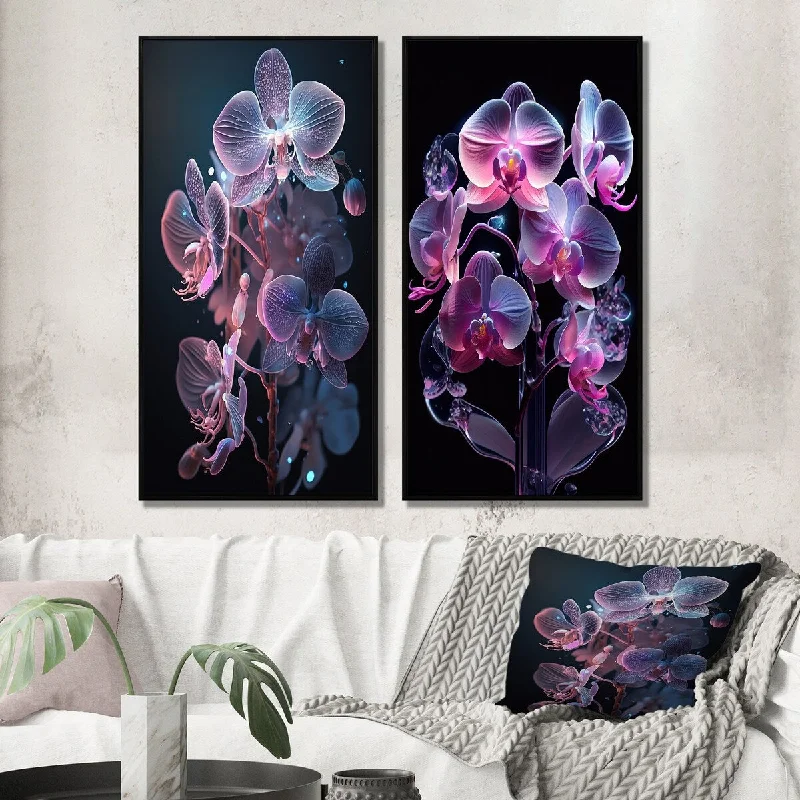 Designart "Blooming Orchid In Fluorescent Purple And Blue I" Floral Framed Gallery Wall Set For Home Decor