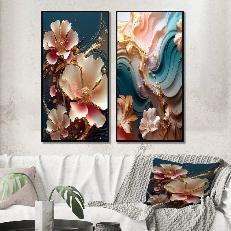 Designart "Blooming Pink Magnolia Abstract Flower On Blue I" Flowers Framed Wall Art Set Of 2 Wall Art Set Of 2