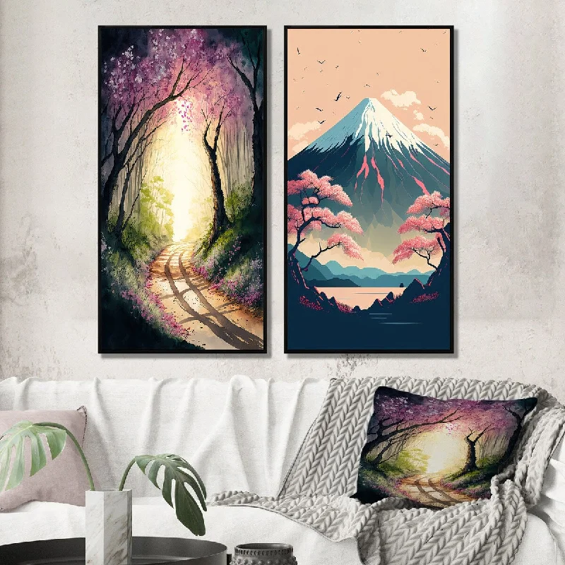 Designart "Blossoming Cherry Tree in The Forest" Landscape Forest Framed Wall Art Set Of 2 Gallery Set For Office Decor