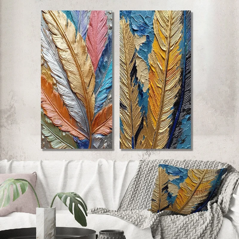 Designart "Boho Glam Exquisite Gold Feather Painting III" Feathers Wall Art Set of 2 - Modern Wall Art For Bedroom