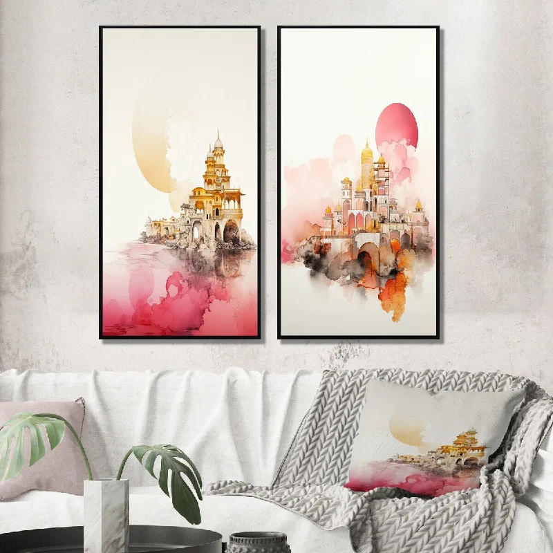 Designart "Charming Oriental City Boho Retro Illustration V" Modern Geometric Framed Gallery Set For Office Decor