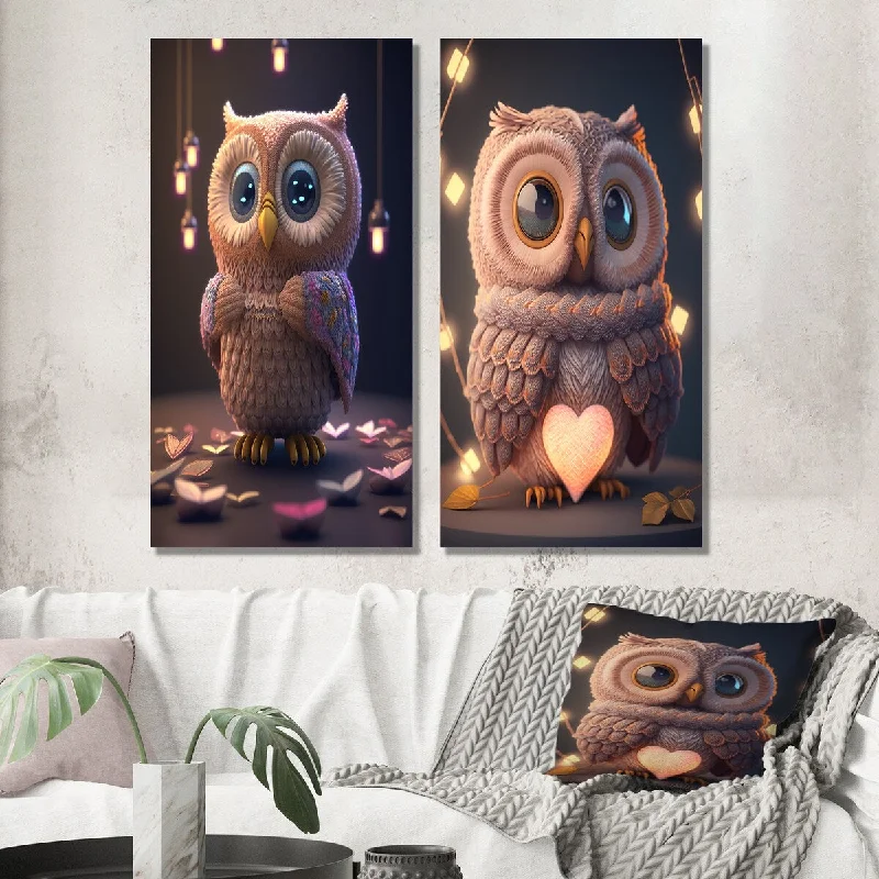 Designart "Cute Litte Knitted Pink Heart Owl IV" Animal Wall Art Set of 2 - Children's Art Gallery Set For Office Decor