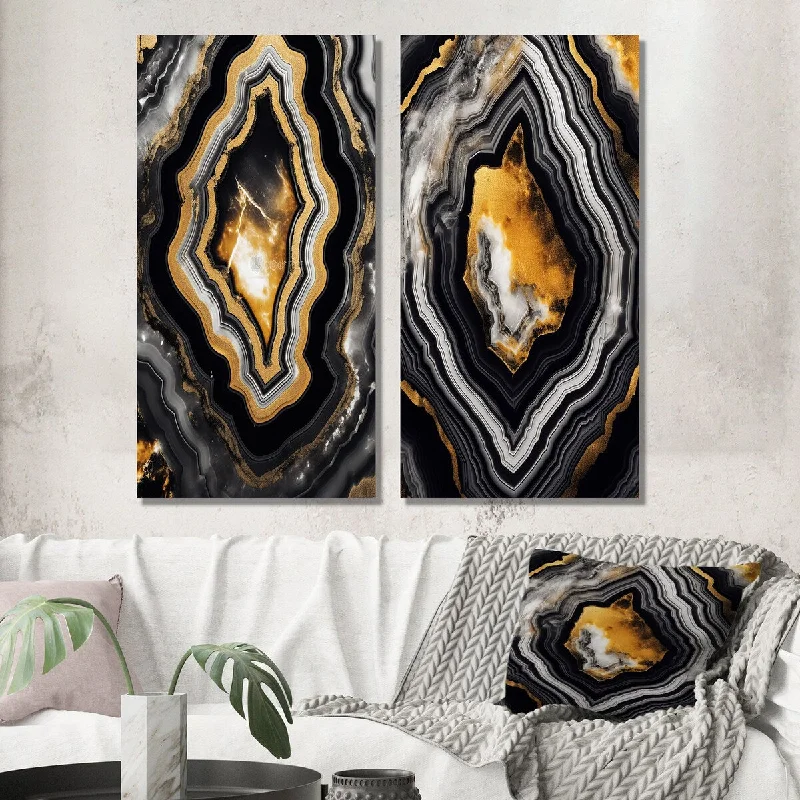 Designart "Glam Serenity Black Gold Agate I" Abstract Shapes Wall Art Set of 2 - Transitional Living Room Decor