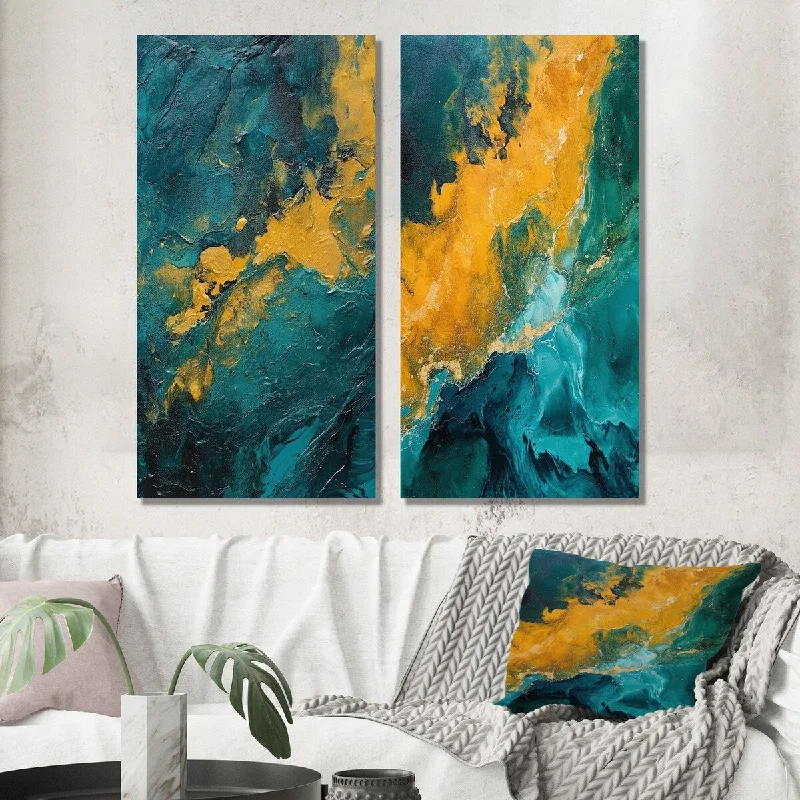 Designart "Golden Sunset Over Teal Ocean Abstract Painting II" Abstract Wall Art Set of 2 - Modern Living Room Decor