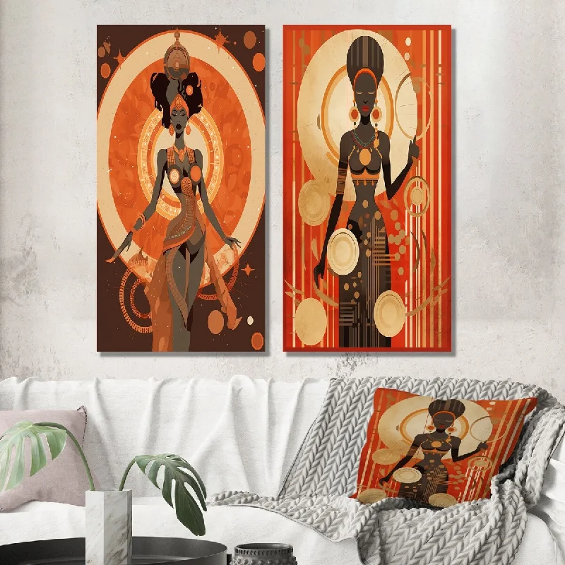 Designart "Graphic Retro African Goddess In Earth Tones IV" Woman Wall Art Set of 2 - Glam Wall Art For Bedroom