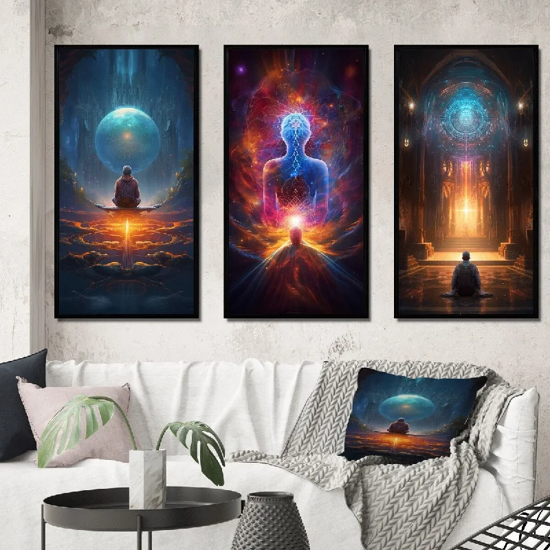 Designart "Inner Light Connection Space Meditation I" Robot Framed Wall Art Set Of 3 Modern Gallery Set For Office Decor