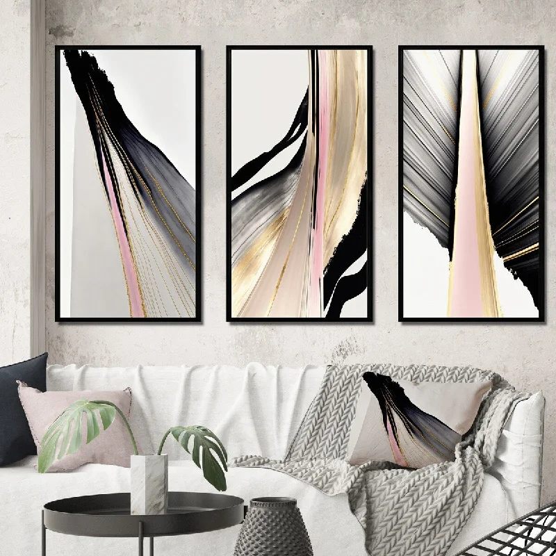 Designart "Minimalism Pink And Gold Cubic Fusion VI" Abstract Cubism Frame Gallery Set Of 3 For Office Decor