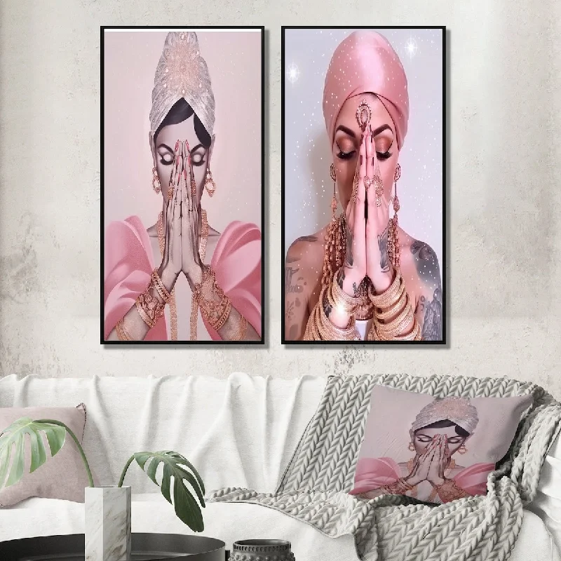 Designart "Namaste Mudra Retro Pink Glam Woman I" Hinduisim Framed Wall Art For Bedroom Gallery Wall Set For Home Decor