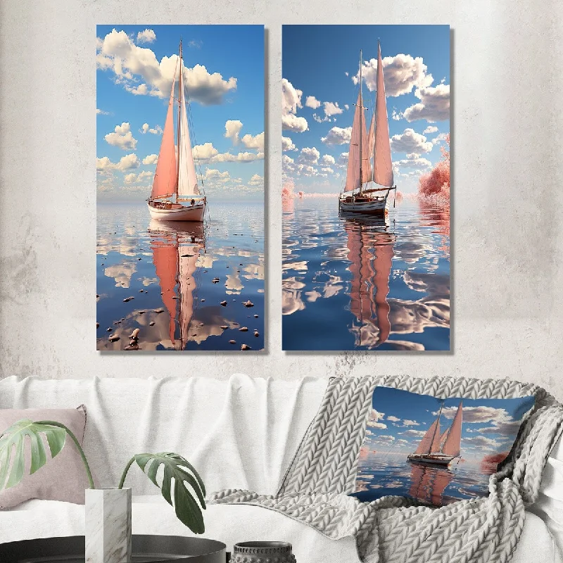 Designart "Pink Sailboat White Cloud Sunset Reflection I" Boat Wall Art Set of 2 - Modern Gallery Set For Office Decor