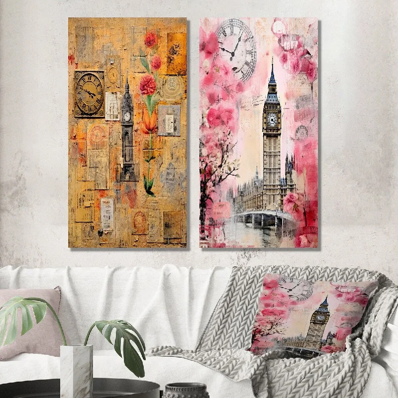 Designart "Pink Vintage Floral London Big Ben III" City London Wall Art Set of 2 - Traditional Living Room Decor