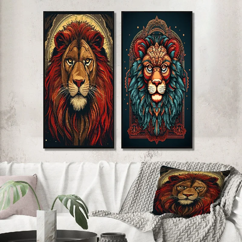 Designart "Portrait Of A Wild Lion Retro Illustration III" Animals Framed Wall Art Gallery Wall Set Of 2